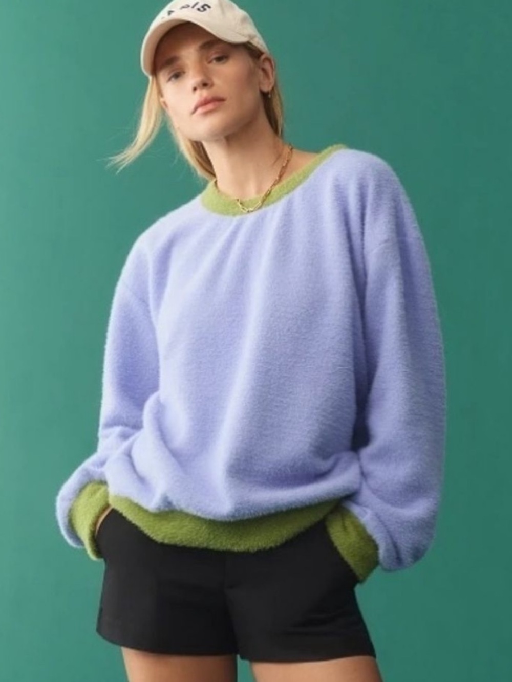 Anthropologie Maeve Baby Blue Crewneck Sweater with Olive Green Trim